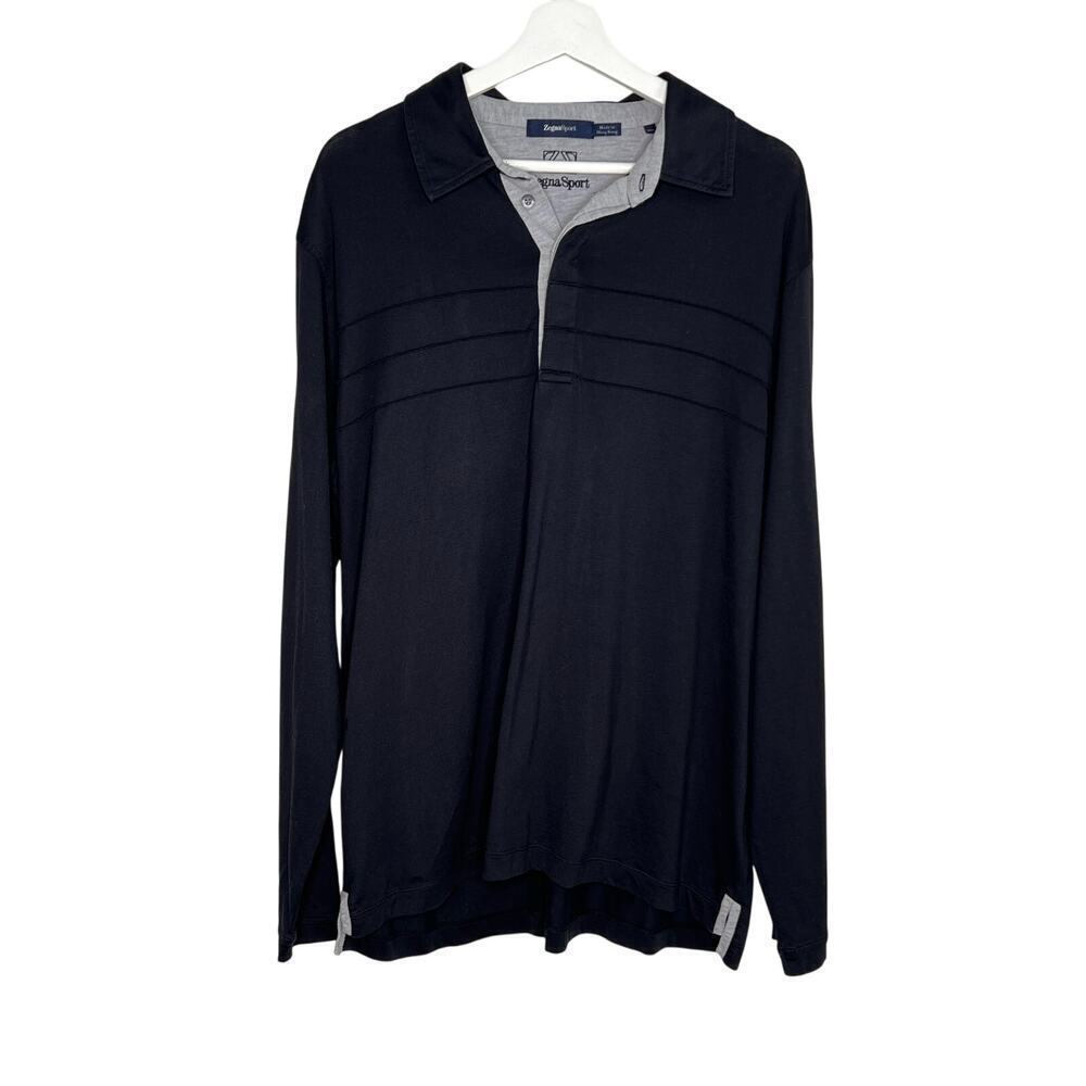 Zegna Sport 100% Cotton Long Sleeve Collared Polo Shirt  Black Men's Size XXL
